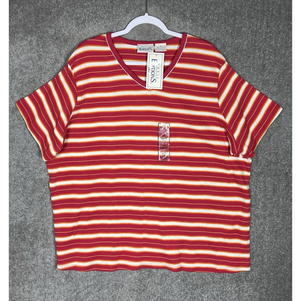 Vintage Basic Editions Ribbed Short Sleeve Top Womens Sz 3X Red‎ Striped Y2K New